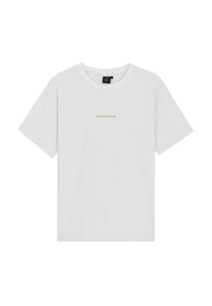 T-shirt blanc en coton à manches courtes, col rond, avec un petit logo marron portant la mention "TOMORROWLAND" au centre à l'avant.
