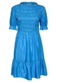 Rochie scurtă cu mâneci scurte, realizată dintr-o țesătură de satin neted. Prezentă un corset cu elastic și o tivă fustă volanată. Design elegant și ușor.