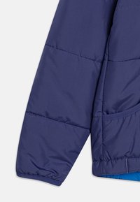 Marinblå puffjacka med en ärm som har en slät textur, elastisk manschett och kontrasterande blå foder med synliga sömdetaljer.