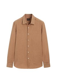 Chemise à manches longues dans une teinte marron clair, fabriquée en tissu doux. Présente un col classique, une fermeture à boutons sur le devant et des manches à poignets avec accents de boutons.