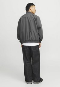 Gray bomber jacket with ribbed cuffs and hem, paired with dark denim wide-leg jeans. Model shown from the back against a light background.