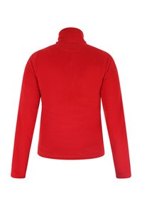 Rød fleece langærmet pullover med høj krave, der har en glat tekstur og et simpelt design uden synlige mønstre eller accenter.