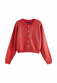 Red knitted cardigan with long sleeves, a round neckline, and wooden button front closure. Ribbed hem and cuffs for added texture.