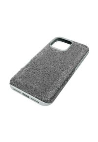 Svart texturerad telefonfodral med små upphöjda prickar. Grå kanter och utdragningar för portar och kamera. Slät yta, lättviktig design.