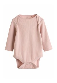 Bodysuit de bebe de manga larga en suave tela de punto rosa. Presenta cierres de presión en la parte inferior y un escote redondo con solapas en los hombros.