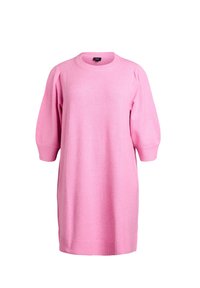 Abito lavorato a maglia rosa con scollo rotondo, maniche corte a palloncino e orlo a coste. Tessuto morbido, vestibilità casual, design al ginocchio.