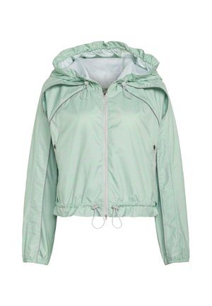 Lichtgroene capuchonjack met ritssluiting, elastische manchetten, verstelbare trekkoorden bij de capuchon en zoom, en zijzakken met rits.