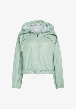 Lysegrøn hættetrøje med lynlås, elastiske manchetter, justerbare snore ved hætten og kanten samt sidelommer med lynlås.