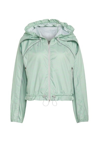 Lysegrøn hættetrøje med lynlås, elastiske manchetter, justerbare snore ved hætten og kanten samt sidelommer med lynlås.