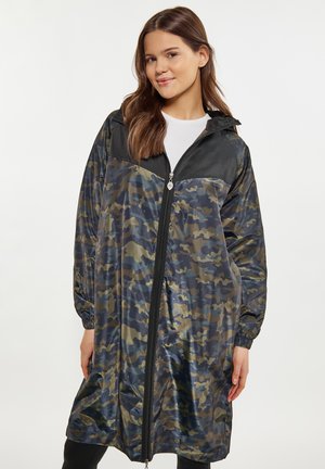 Camouflage rain jacket featuring a glossy finish, black accents, full zip front, and elastic cuffs, designed for a loose fit.