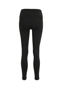 Schwarze Leggings aus dehnbarem Material, mit hohem Bund und glatter Textur ohne Muster oder Verzierungen.