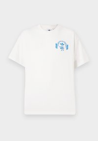 White cotton t-shirt with short sleeves, featuring a blue graphic design of a character with speakers and an archway on the front.