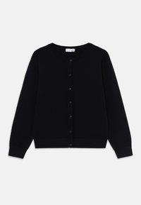 Schwarze, langärmelige Cardigan mit Knöpfen, mit gerippten Bündchen, Saum und Kragen auf weißem Hintergrund.