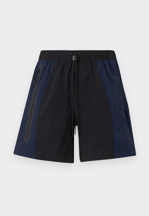 Pantaloni scurți sport pentru bărbați, de culoare neagră și bleumarin, cu talie elastică, șnur de ajustare și buzunar lateral cu fermoar pe partea stângă.