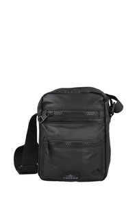 Bolso negro de hombro hecho de nylon, con dos bolsillos frontales con cremallera, una correa desmontable y un acabado texturizado con una etiqueta con logo.