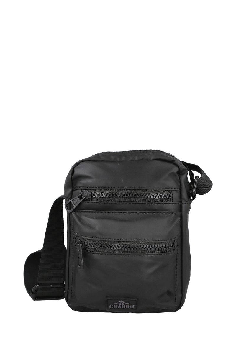 Bolso negro de hombro hecho de nylon, con dos bolsillos frontales con cremallera, una correa desmontable y un acabado texturizado con una etiqueta con logo.