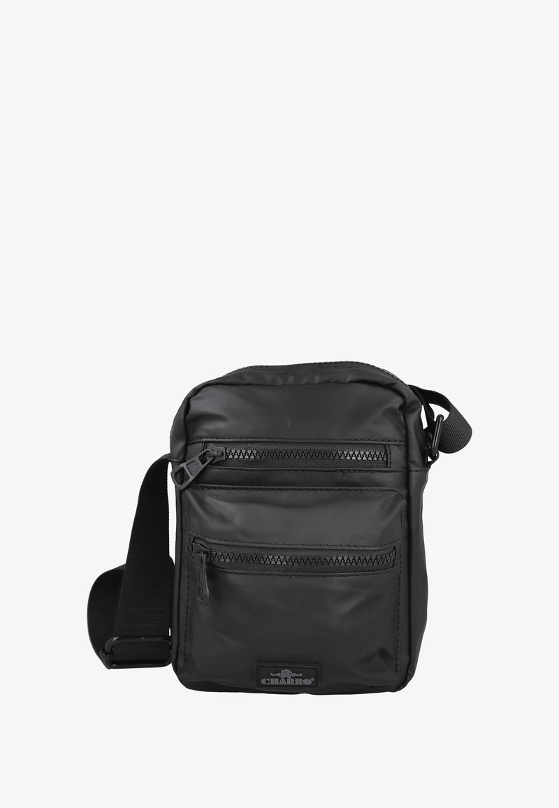 Bolso negro de hombro hecho de nylon, con dos bolsillos frontales con cremallera, una correa desmontable y un acabado texturizado con una etiqueta con logo.