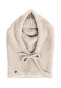 Light beige hooded scarf made from soft, textured material. Features a rounded neck with a drawstring tie at the front.