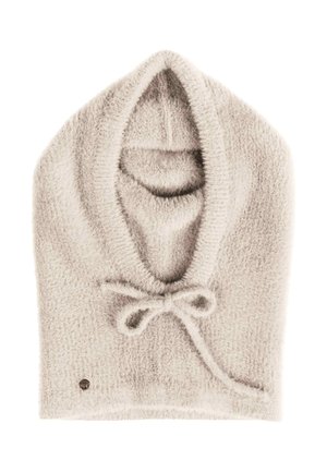 Light beige hooded scarf made from soft, textured material. Features a rounded neck with a drawstring tie at the front.