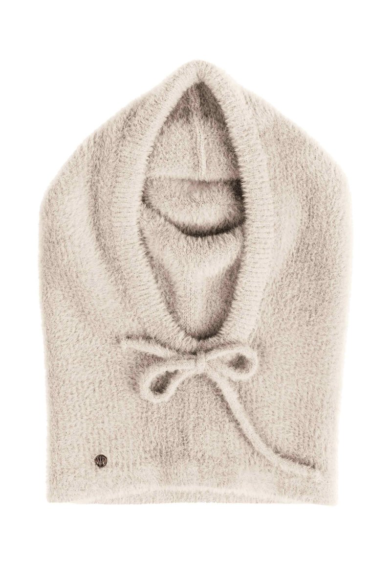 Light beige hooded scarf made from soft, textured material. Features a rounded neck with a drawstring tie at the front.