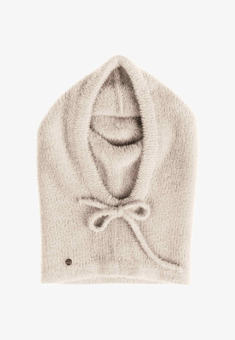 Sciarpa con cappuccio di un beige chiaro realizzata in un materiale morbido e testurizzato. Presenta un collo arrotondato con un cordoncino di chiusura nella parte anteriore.