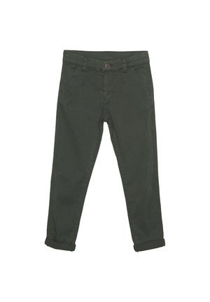 Pantaloni din bumbac verde închis, cu croi drept, având buzunare frontale, manșete răsucite și închidere cu nasture la talie.