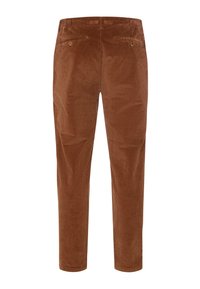 Pantaloni di velluto a coste marroni con una superficie testurizzata, vita elastica e due tasche posteriori con bottoni metallici circolari.