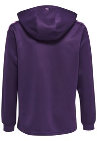 Felpa con cappuccio viola, maniche lunghe, texture liscia, strisce laterali a contrasto e un logo vicino al collo.