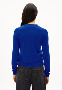 Blauer Pullover mit langen Ärmeln und rundem Halsausschnitt. Aus weichem Strickmaterial gefertigt, tailliert geschnitten, mit minimalen Nahtdetails. Getragen mit dunklen Jeans.