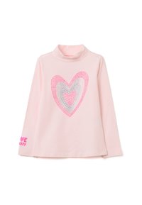 Helles, rosa langärmliges Oberteil mit Stehkragen. Mit einem Herzdesign, verziert mit Strasssteinen, und dem Schriftzug "LOVE" in Rosa auf dem linken Ärmel. Weiche Textur.