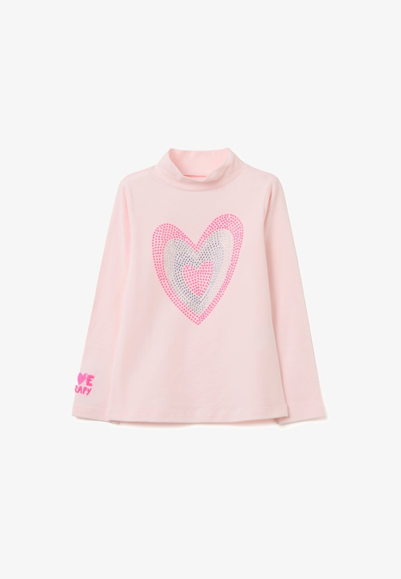 Maglietta rosa chiaro a maniche lunghe con colletto alto. Presenta un design a forma di cuore con strass e la scritta "LOVE" in rosa sulla manica sinistra. Texture morbida.