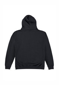 Černá mikina s kapucí a volným střihem, manžetami s žebrovaným vzorem a kapucí na stažení. Hladká textura, minimální detaily a bez viditelných log.