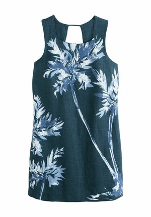 Ärmlös topp i mörkgrönt linne med ett blommönster i ljusblått. Har en nyckelhålsdetalj i ryggen och en avslappnad passform.