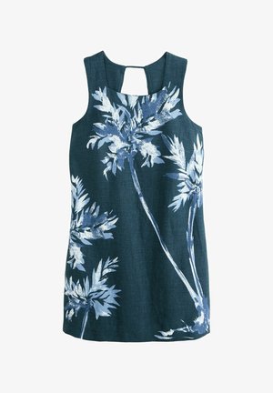 Bezrękawnik z ciemnozielonego lnu z kwiatowym nadrukiem w jasnoniebieskim kolorze. Posiada wycięcie na plecach w kształcie klucza oraz luźny fason.