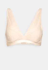 Beige Spitzen-Bralette mit gewelltem Rand, das ein strukturiertes Blumenmuster und ein weiches elastisches Unterband am unteren Ende aufweist. Dreiecksform.