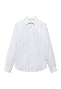 Biała koszula z długim rękawem w niebieskie pionowe paski, z kołnierzykiem zapinanym na guziki i z przodem zapinanym na guziki. Miękka tkanina o gładkiej fakturze.
