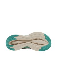 Semelle de chaussure de sport avec un design ondulé ; présente une base beige avec des accents turquoise et un profil texturé pour une meilleure adhérence.