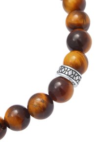 Bracciale con perline di occhio di tigre caratterizzato da perline marroni lucide con un distanziatore argentato arricchito da un design geometrico. Le perline variano in tonalità e consistenza.