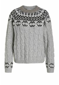 Grå stickad tröja med flätmönster, rund halsringning och svarta geometriska accenter på oket och ärmarna. Texturerat, mysigt material.