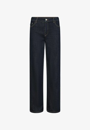 Mørkeblå lige ben denimjeans med høj talje, femlommes design og kontrasterende gul syninger. Klassisk knap- og lynlåslukning.