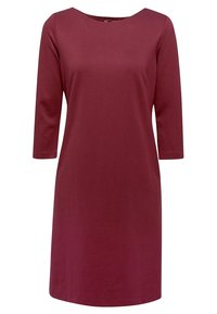 Bordeaux-rotes Kleid mit rundem Ausschnitt und dreiviertel Ärmeln. Glattes Material und gerade Silhouette, das knapp über dem Knie endet.