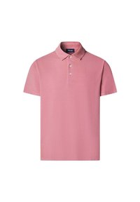 Koszulka polo w jasnoróżowym bawełnianym materiale z klasycznym kołnierzykiem, trzema guzikami oraz krótkimi rękawami. Gładka faktura, bez wzorów.