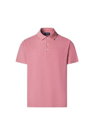 Koszulka polo w jasnoróżowym bawełnianym materiale z klasycznym kołnierzykiem, trzema guzikami oraz krótkimi rękawami. Gładka faktura, bez wzorów.