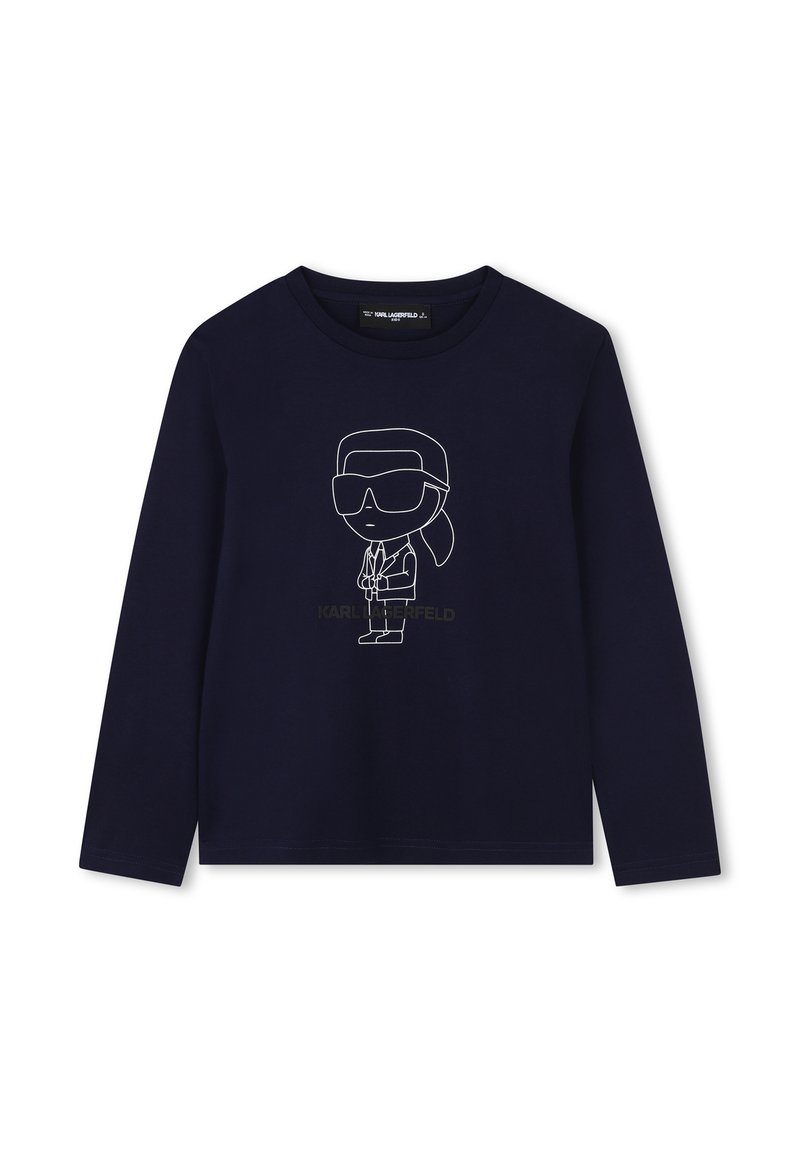 Chemise à manches longues navy avec un graphique blanc d'un personnage portant des lunettes de soleil et un costume, avec le nom "KARL LAGERFELD" en or en dessous.