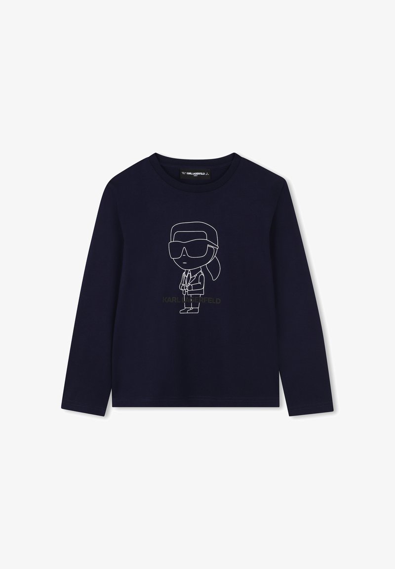 Chemise à manches longues navy avec un graphique blanc d'un personnage portant des lunettes de soleil et un costume, avec le nom "KARL LAGERFELD" en or en dessous.
