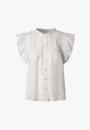 Blouse blanche à manches courtes avec un devant boutonné, des épaules froncées, un tissu texturé et des détails froncés le long du corsage.