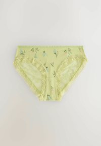 Groene katoenen onderbroek met kant en bloemenprint in roze en blauw. Heeft een zachte textuur en een volledige dekking.