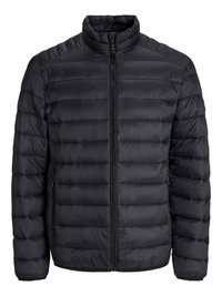 Black puffer jacket with horizontal quilted design, full zip closure, high collar, and elastic cuffs. Lightweight, smooth texture.