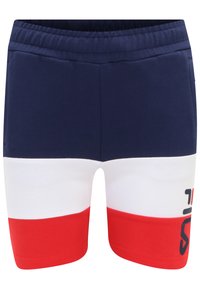 Marinblå, vita och röda bomullsshorts med elastisk midja, utrustade med horisontella ränder och en liten logotyp på den nedre högra sidan.