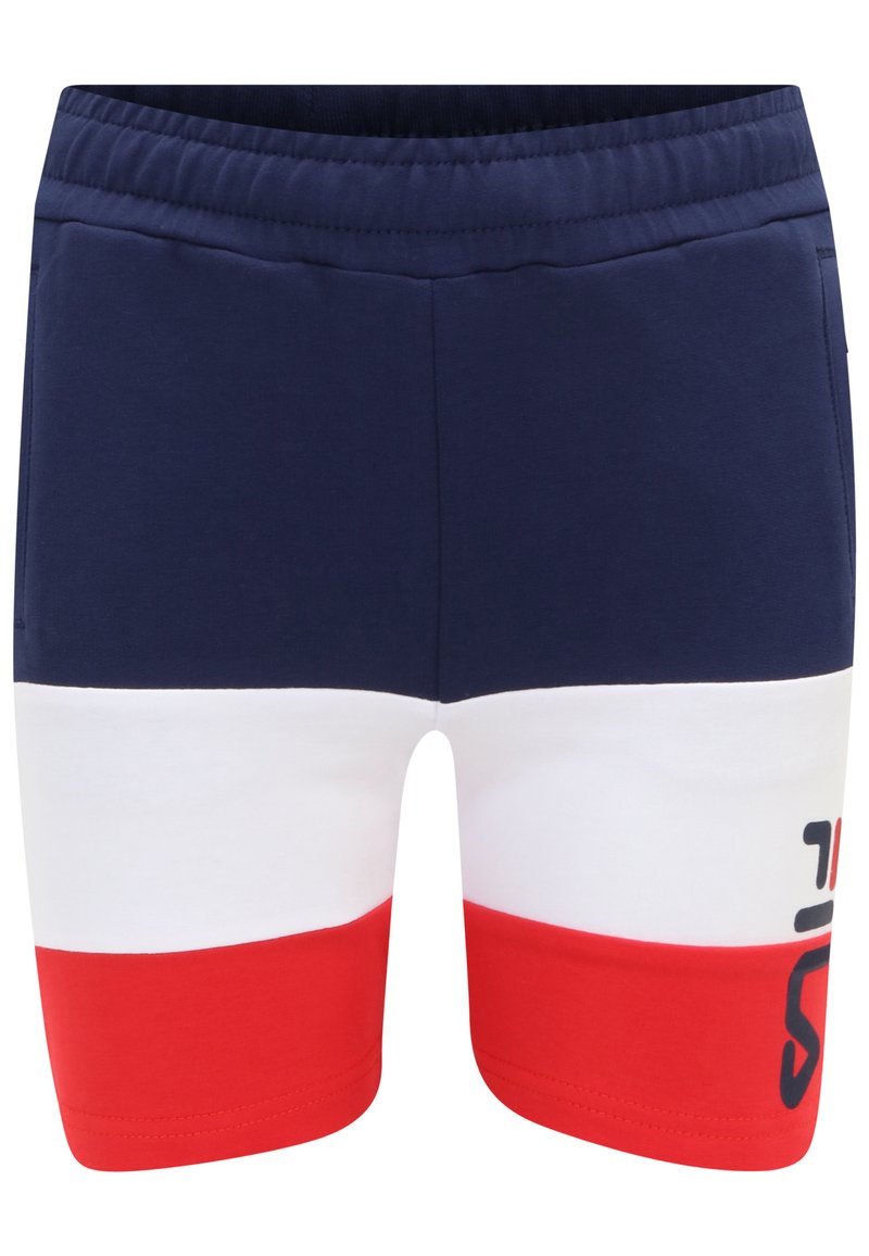 Marinblå, vita och röda bomullsshorts med elastisk midja, utrustade med horisontella ränder och en liten logotyp på den nedre högra sidan.